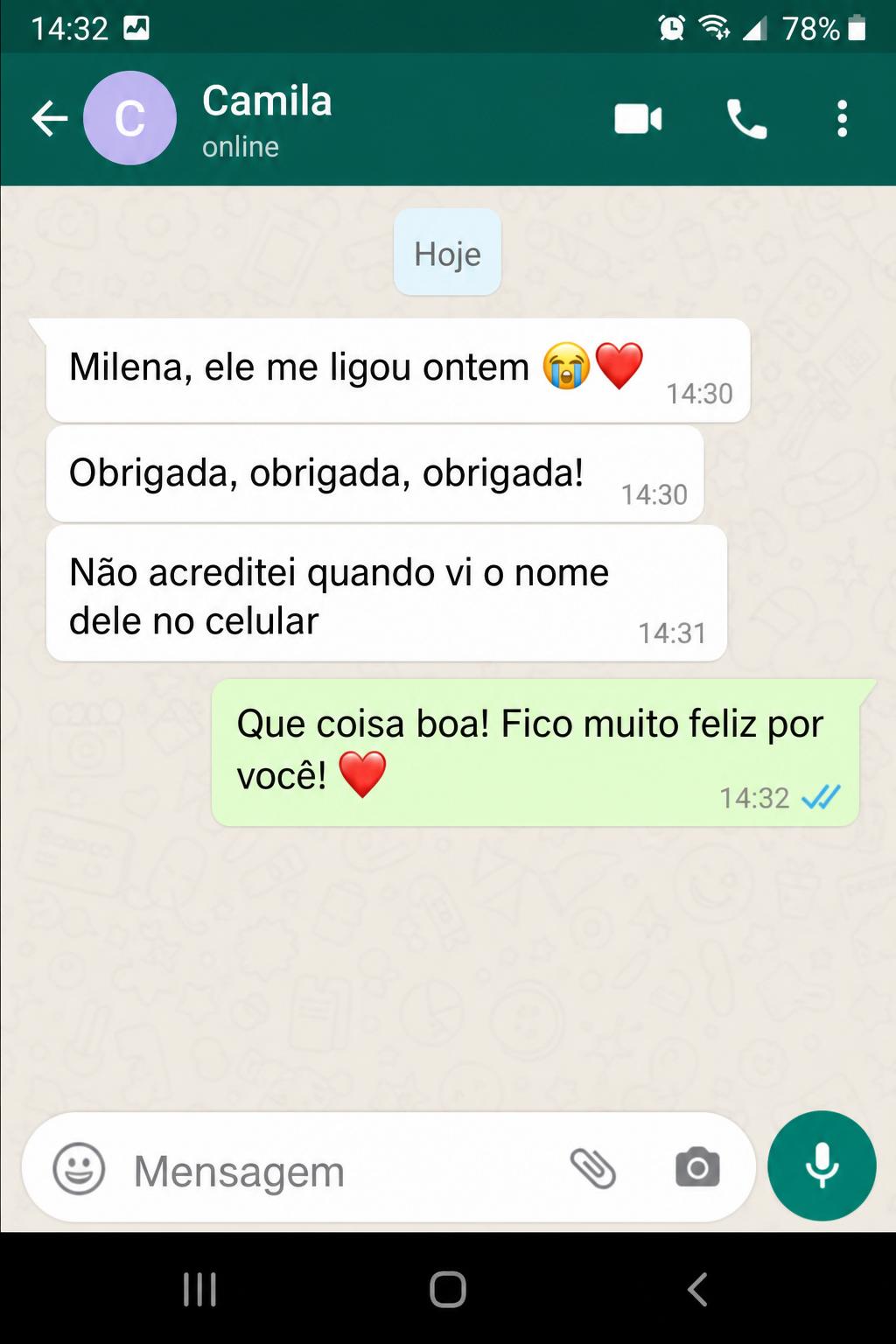 Mensagem de Camila agradecendo o atendimento