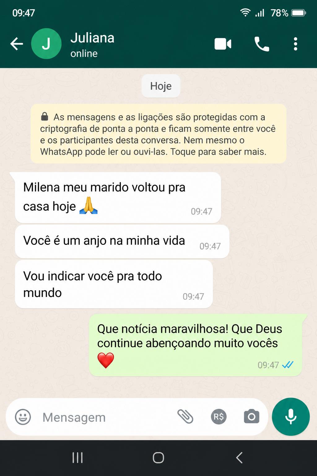 Mensagem de Juliana agradecendo o atendimento