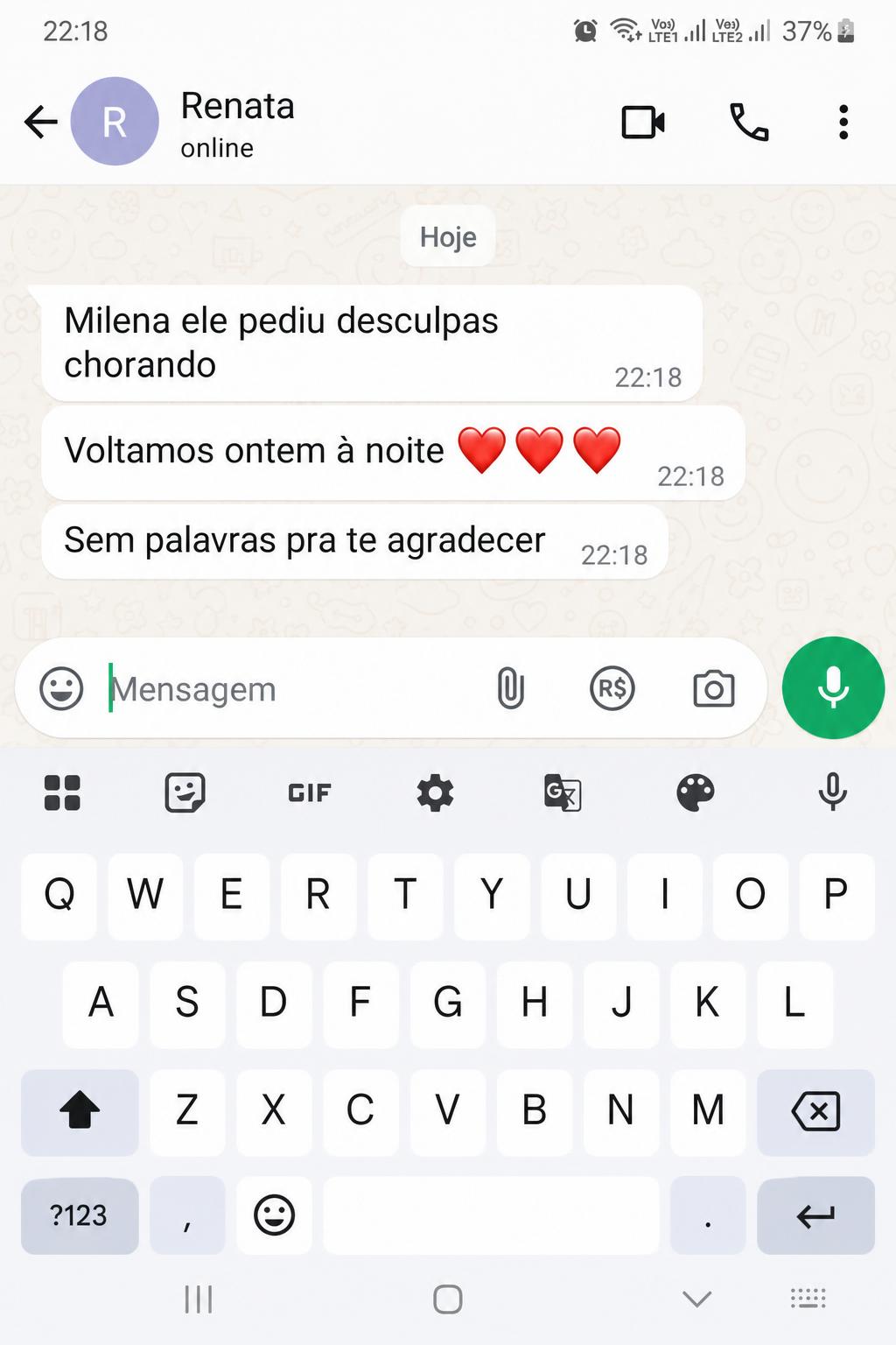 Mensagem de Renata agradecendo o atendimento